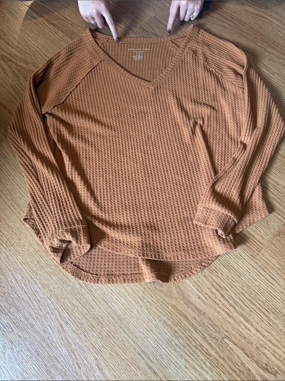 American Eagle Outfitters Waffle-Knit V-Neck Long Sleeve Top - Rust Orange
